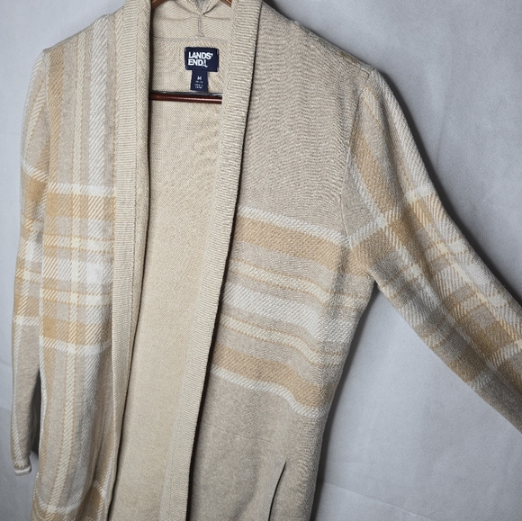 Lands' End Open Cardigan Sweater Beige Plaid Long Line Lightweight Cotton M - Picture 4 of 13